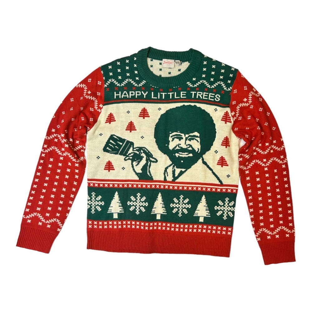 Bob Ross Christmas Holiday Sweater Happy Little Trees Size M